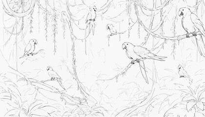Obraz premium Tropical bird scene outline with parakeets and hanging vines for coloring