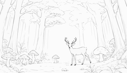 Forest scene outline featuring a deer among trees and mushrooms for coloring