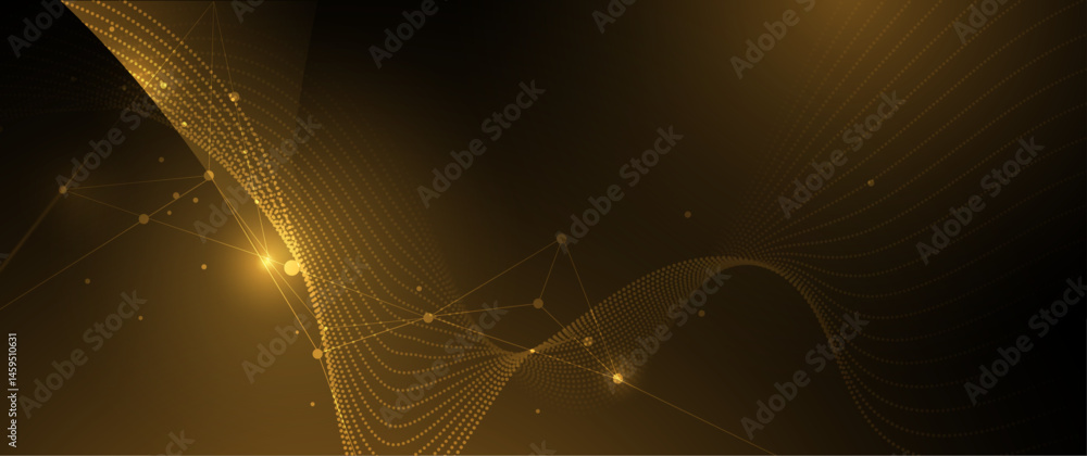 Poster Vector abstract technology with molecule, geometric shape, Flowing dot particle wave flow line, pattern wave and dot, wireframe on gold background. technology network science communication concept