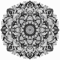 Intricate black and white mandala coloring page with floral designs
