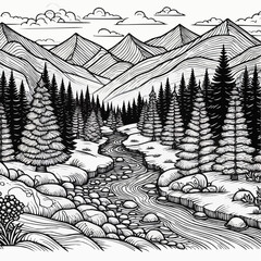 Black and white landscape coloring page featuring mountains and a river
