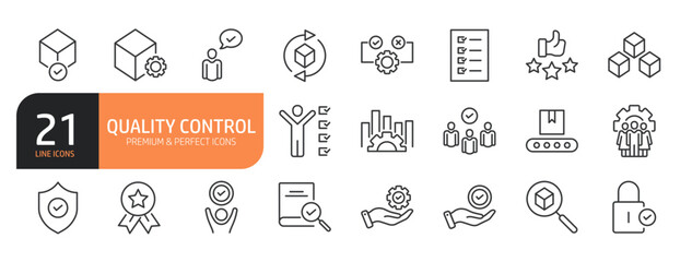 Set of line icons related to quality check, production, evaluation, checked, inspection and more. Outline icons collection. Editable stroke. Vector illustration.