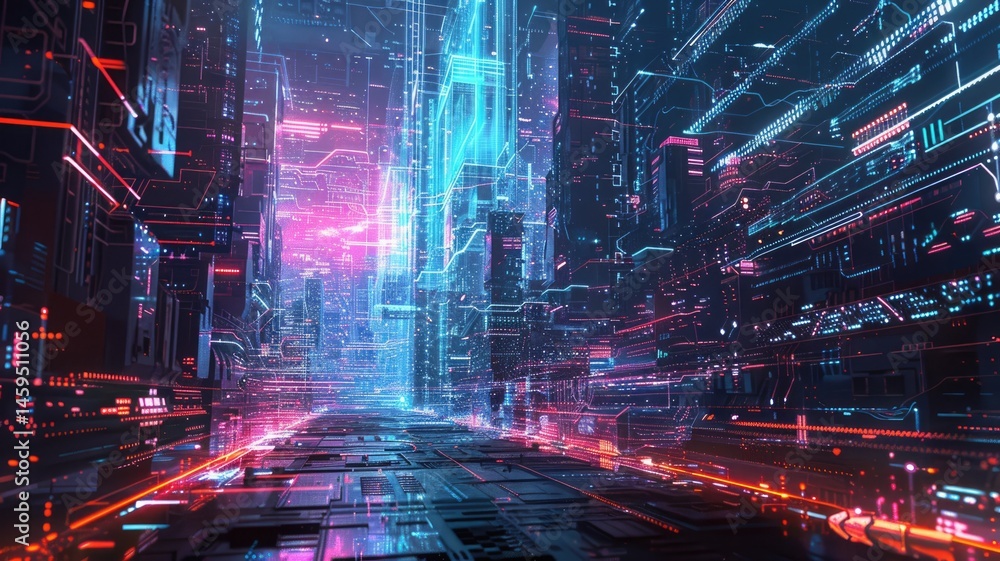Poster abstract digital shape and particle technological cyber style design connecting become system shape 