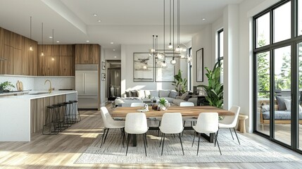 Modern open-concept living space with a large dining area, seamlessly blending kitchen and living room