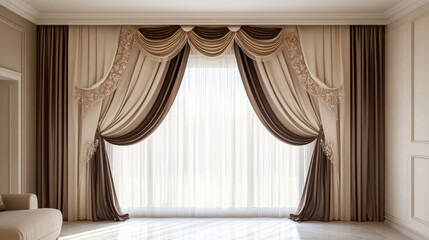Luxurious beige and brown curtain with floral tieback detail in a well-decorated room