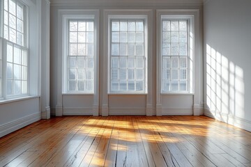 Fototapeta premium Sunny room, hardwood floor, three windows, empty space, interior design