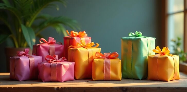 Array of colorful packages, twine accents, warm light, wrapped gifts, boxed, aesthetic