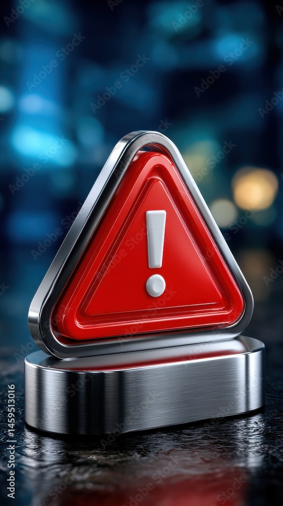 Wall mural three-dimensional render of a red warning sign with an exclamation point over a dark, blurred backgr