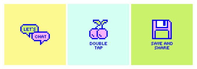 Set of Y2k Retro Pixel art stickers. Icons with call to actions for Social media. Speech bubbles for chatting, save and share with floppy disk. Double tap with cherries for like. Nostalgia Futuristic