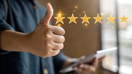 Business people or customers show satisfaction through the application on the laptop screen. By giving the most or the best satisfaction rating.Customer service satisfaction survey concept