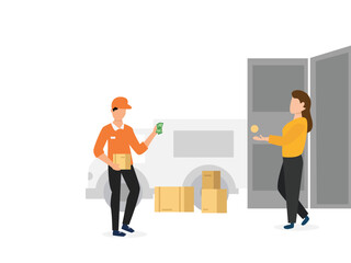 Online home delivery Service concept.delivery man giving package delivery courier to customer vector illustration