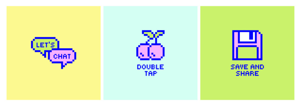 Set of Y2k Retro Pixel art stickers. Icons with call to actions for Social media. Speech bubbles for chatting, save and share with floppy disk. Double tap with cherries for like. Nostalgia Futuristic