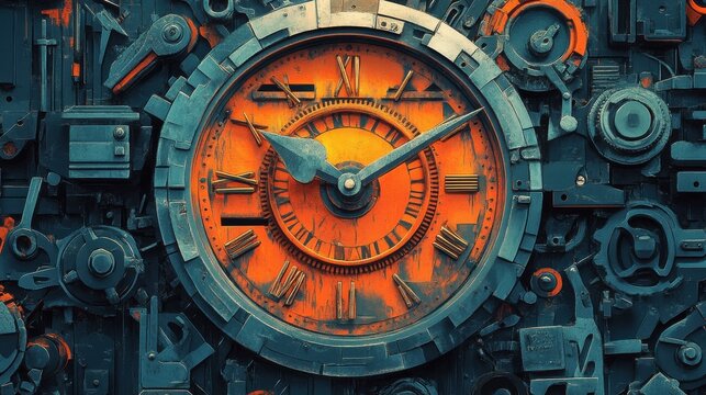 A digital illustration of a clock face made of tools, symbolizing the contributions of workers through time