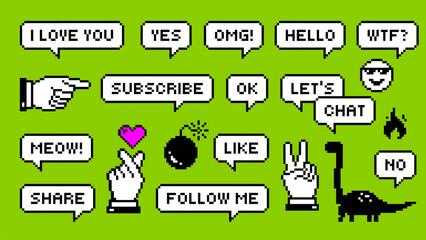 Set of Retro Pixel art speech bubbles and pixel icons for Social media. Y2k stickers. Finger heart, Subscribe, Follow me, share. Nostalgia arcade. Game style dialogue box. Futuristic vector design