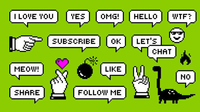 Set of Retro Pixel art speech bubbles and pixel icons for Social media. Y2k stickers. Finger heart, Subscribe, Follow me, share. Nostalgia arcade. Game style dialogue box. Futuristic vector design