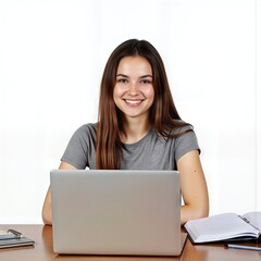 Naklejka premium Happy Student Working on Laptop Computer Smiling Girl Studying Online Education Technology