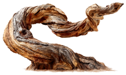 Twisted Natural Wood Sculpture Form with Textured Surface Isolate on Transparent Background, cutout, png