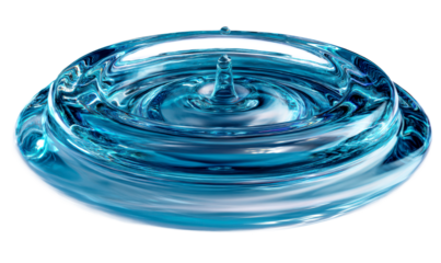 Blue Water Drop Splash with Ripples in Clear Liquid Surface Isolate on Transparent Background, cutout, png