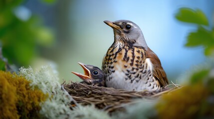 Obraz premium Mother Bird Feeding Chicks in Nest