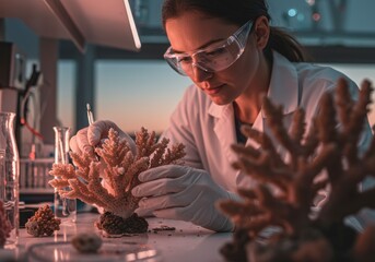 Researcher analyzing coral specimens in a laboratory environment with precision