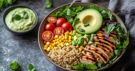 Delicious Grilled Chicken Quinoa Bowl with Avocado and Veggies
