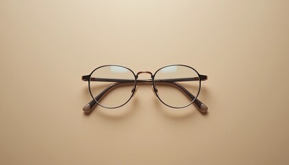 Close up shot of round eyeglasses with metal frame on a beige surface in a studio setting view from above