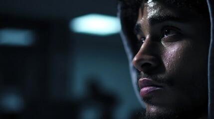 Close-up of a sweaty man in a grey hoodie looking upward with a blurred dark background