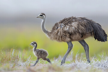 Obraz premium name : emu chick following mother outback,
