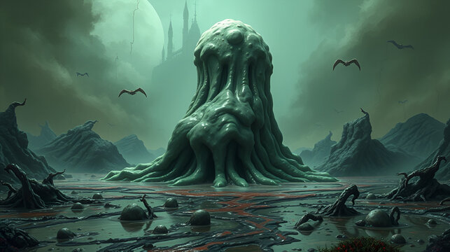 Shifting mass of slime stands amidst festering landscape filled with toxic pools and sludge tendrils The scene is eerie and otherworldly