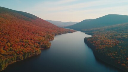 Naklejka premium Serene autumnal valley with a winding lake.