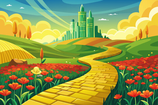 vector of A stunning image of a yellow brick road leading through a poppy field to the emerald green city in the distance. Wizard of Oz concept.