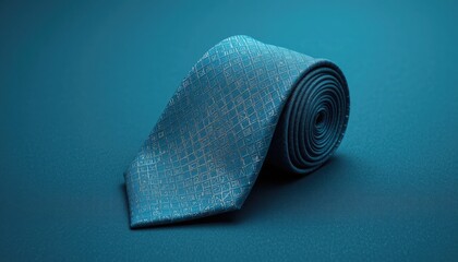Close up of a rolled blue tie with a geometric pattern on a blue background in a studio setting