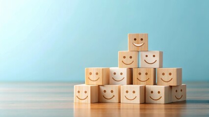Wooden blocks arranged in a pyramid shape, each displaying a smiling face, symbolize collective happiness and positive feedback.