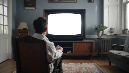 Man watching blank retro TV screen in vintage living room
