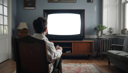 Man watching blank retro TV screen in vintage living room

