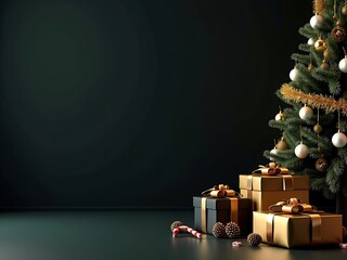 Elegant holiday scene with gold and black gift boxes, a Christmas tree, pine cones, and candy cane on glossy surface with dark gradient background.