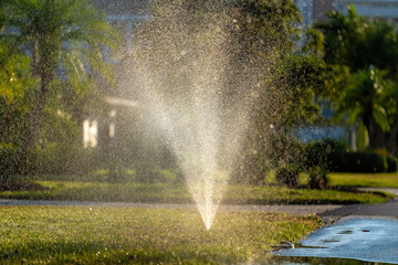 Sprinkler watering lawn grass during dry season