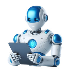 Ai robot using tablet isolate on White background