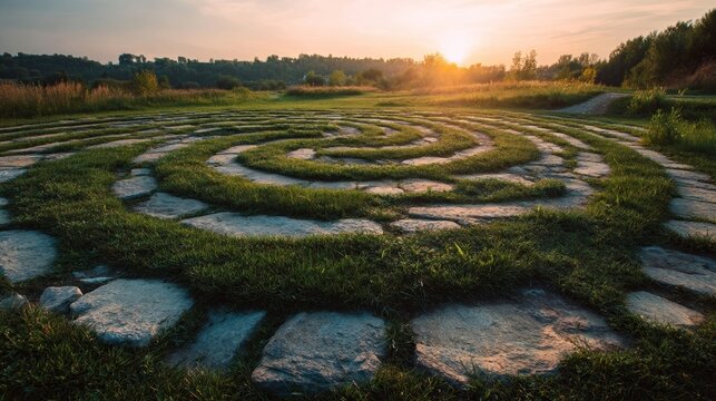 A stone labyrinth spirals across a vibrant green field, illuminated by the warm setting sun.