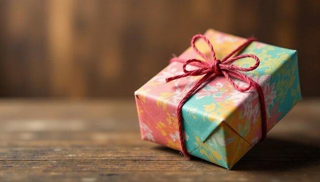 Colorful packages tied with twine, wooden backdrop, holiday, celebration