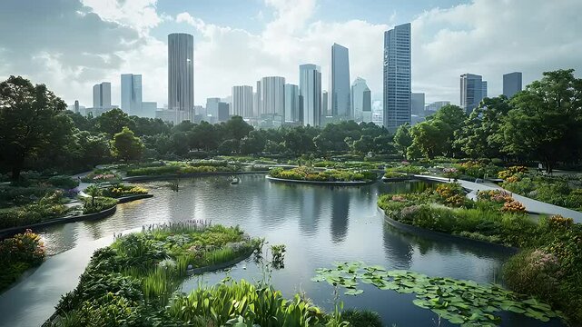 Urban Oasis: Serene Parkscape with Towering Skyline in Tranquil City Center