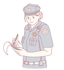 A female police officer diligently writing notes while on duty, showcasing her role in law enforcement.