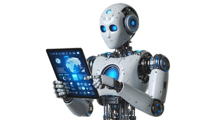 Ai robot using tablet isolate on White background