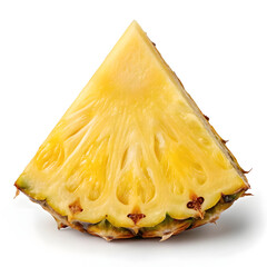 A single pineapple wedge in a triangular shape with vibrant yellow flesh, fibrous texture, and a slightly rough edge.