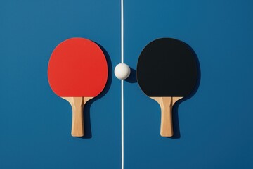 Colorful table tennis paddles aligned.
