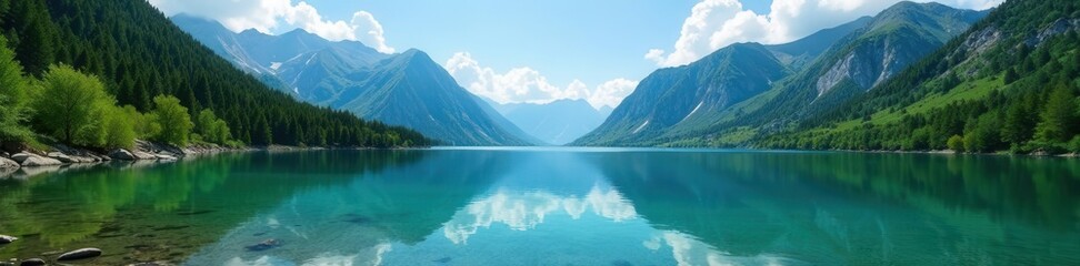 Crystal clear lake nestled in rugged mountains, vibrant green hillsides, spring, outdoor, vibrant