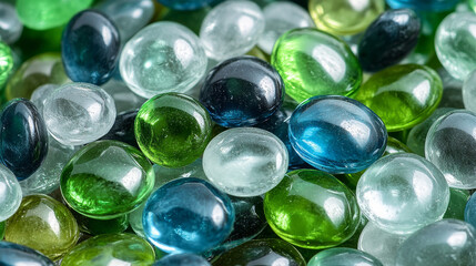 Pile of mixed-colored glass pebbles including green, blue, and clear stones