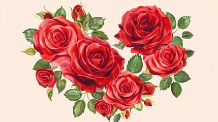 Obraz premium A heart-shaped arrangement of vibrant red roses surrounded by dark green leaves.