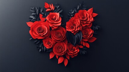 A heart-shaped arrangement of vibrant red roses surrounded by dark green leaves.