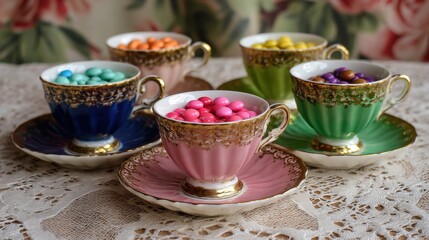 Elegant tea cups filled with colorful candies arranged on a lace tablecloth with floral backdrop